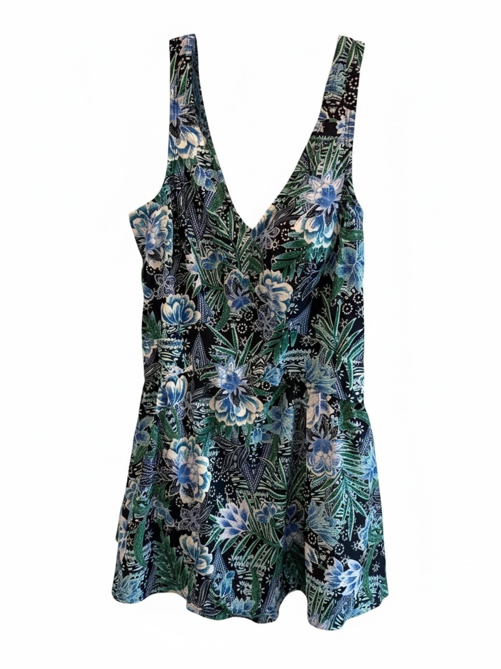 Maxine of Hollywood Swim Dress Size 14 Floral Print Skirted Swimsuit Blue Green